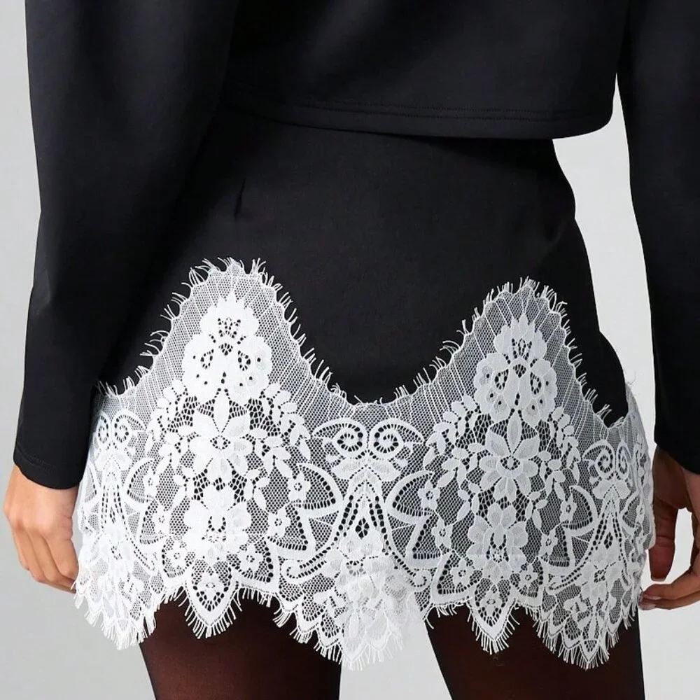 Black and White High Preppy Womens Waisted Mini Skirt w/Eyelash Lace Hem - Picture 2 of 5